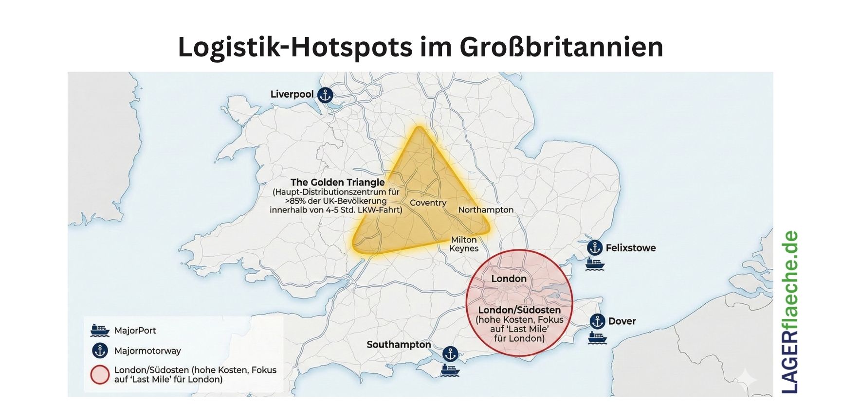 Karte der Logistik-Hotspots in Großbritannien mit Hervorhebung des Goldenen Dreiecks in den Midlands, wichtiger Seehäfen und der Last-Mile-Zone London.